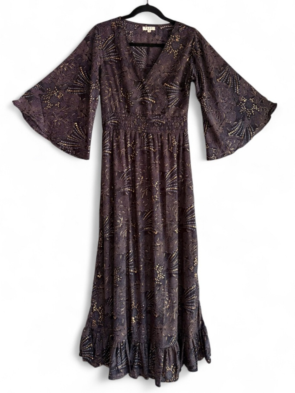 Paani Black Gold V Neck 3/4 Sleeve Ruffle Hem Maxi Dress Size S